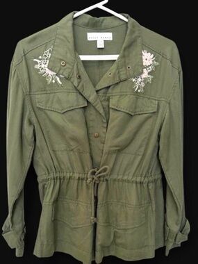 Women’s Jacket Size S Olive Green Tie Waist Cargo Embroidered Boho Cotton Coat